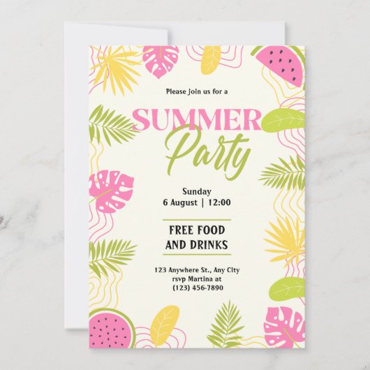 Tropisch zomerfeest groen en roze kaart (Voorkant)