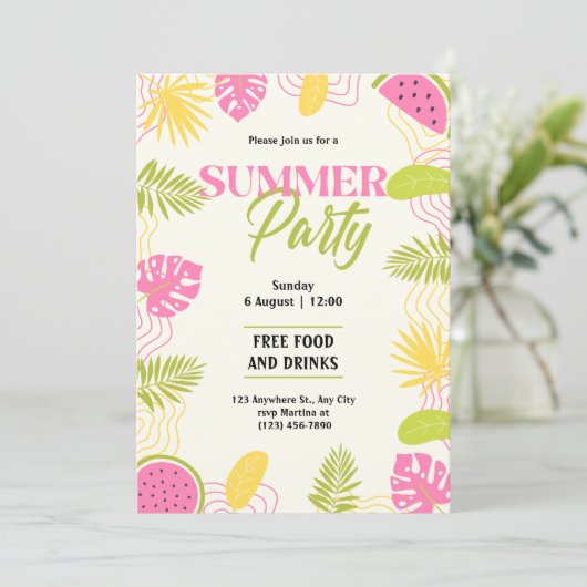 Tropisch zomerfeest groen en roze kaart (Staand voorkant)
