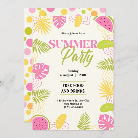 Tropisch zomerfeest groen en roze kaart (Voorkant / Achterkant)