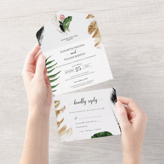 Tropisch zomergroen verlaat bruiloft met RSVP All In One Uitnodiging (Afscheurbaar)