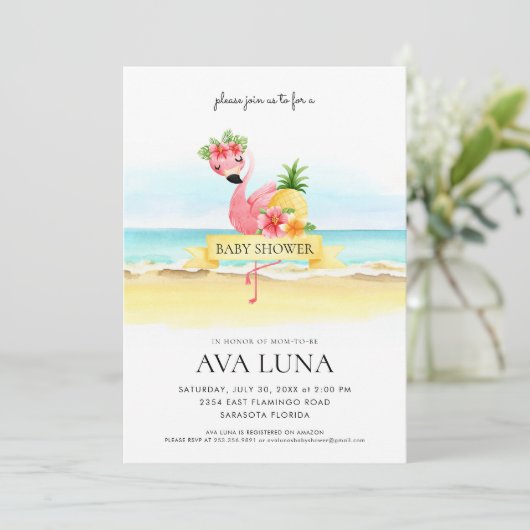 Tropisch zomerroze Baby shower Flamingo Kaart (Staand voorkant)