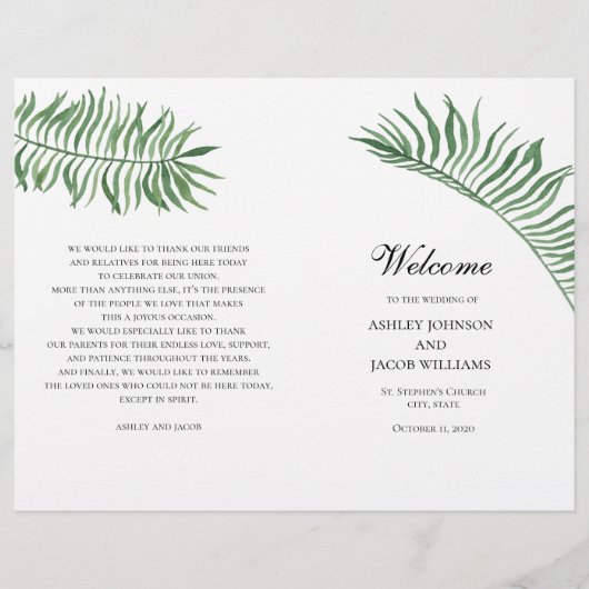 Tropisch zomers trouwprogramma. Groene bladeren (Voorkant)