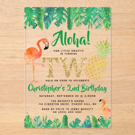 Tropisch zomerstrand Luau Boys 2e verjaardag Acryl Uitnodigingen (Voorkant)