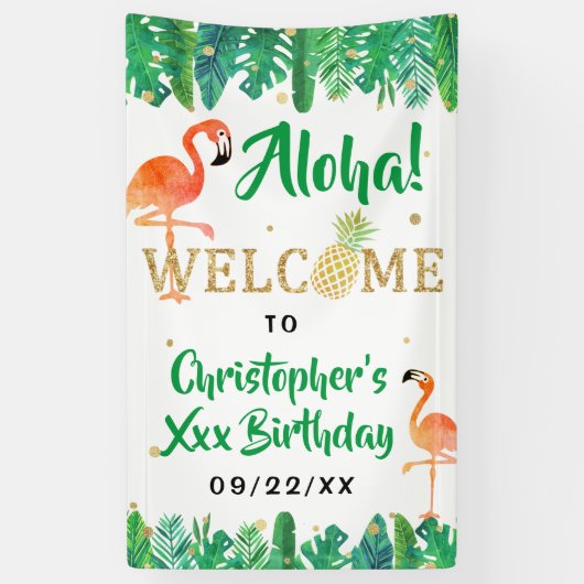 Tropisch zomerstrand Luau Boys Birthday Welkom Spandoek (Verticaal)