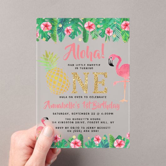 Tropisch zomerstrand Luau Girls 1ste verjaardag Acryl Uitnodigingen (Insitu (Draagbaar))