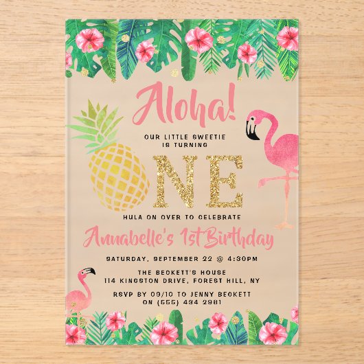 Tropisch zomerstrand Luau Girls 1ste verjaardag Acryl Uitnodigingen (Voorkant)