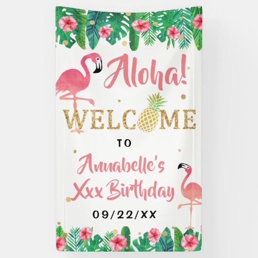 Tropisch zomerstrand Luau Girls Birthday Welkom Spandoek (Verticaal)