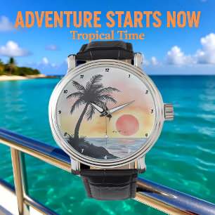 Tropisch zonsondergang Oceaan scène met palmbomen Horloge