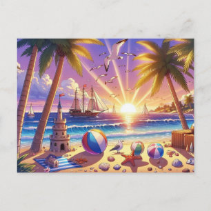 Tropisch zonsondergang strand met zeilschip briefkaart
