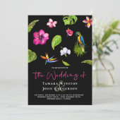 Tropisch zwart bloemendek greenery strandbruiloft kaart (Staand voorkant)