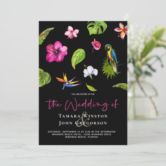 Tropisch zwart bloemendek Groen Strand Bruiloft Kaart (Staand voorkant)