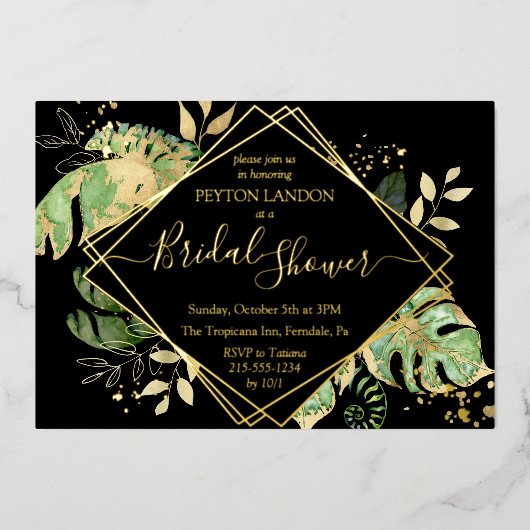 Tropisch zwart en goudlegant Vrijgezellenfeest Folie Uitnodiging (Voorkant)