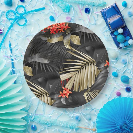 Tropisch zwart en goudverlof en rode bloemen papieren bordje (Feest)