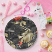 Tropisch zwart en goudverlof en rode bloemen papieren bordje (Feest)