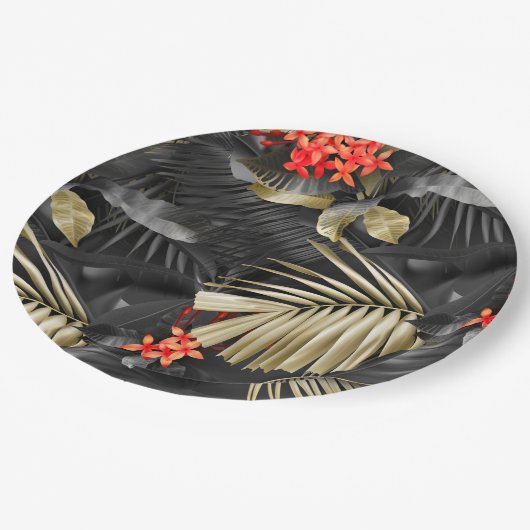 Tropisch zwart en goudverlof en rode bloemen papieren bordje (Gekanteld)