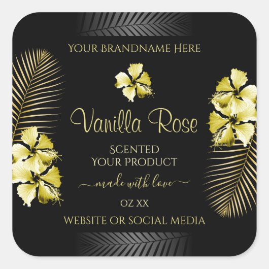 Tropisch zwart Gold-productlabel Hawaiian Flowers Vierkante Sticker (Voorkant)