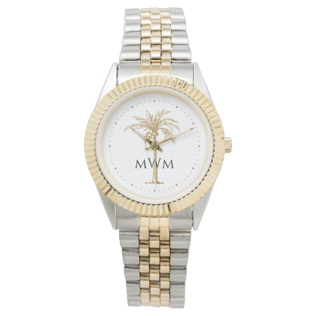 Tropisch zwart monogram artistieke Golden Palm Horloge (Voorkant)