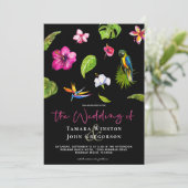 Tropisch zwart roze bloemengroen strand bruiloft kaart (Staand voorkant)