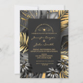 Tropisch Zwart Zilver En Gouden Palm Bladeren Huwe Kaart (Voorkant)