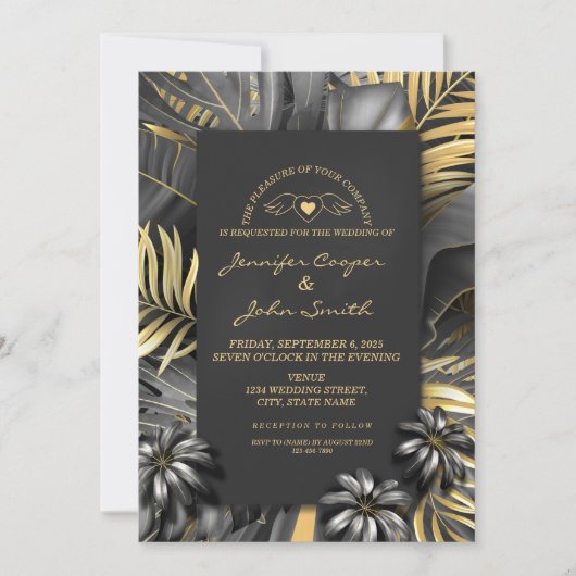Tropisch Zwart Zilver En Gouden Palm Bladeren Huwe Kaart (Voorkant)