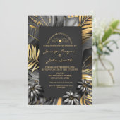 Tropisch Zwart Zilver En Gouden Palm Bladeren Huwe Kaart (Staand voorkant)