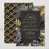 Tropisch Zwart Zilver En Gouden Palm Bladeren Huwe Kaart (Voorkant / Achterkant)