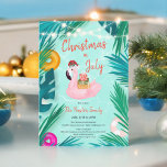 Tropisch zwembad feest floater kerst in juli kaart<br><div class="desc">Introductie van onze feestelijke en leuke kerst in juli Uitnodiging, perfect voor het vieren van de vakantie geest in het midden van de zomer! Deze levendige uitnodiging is voorzien van een speels geïllustreerd ontwerp met een roze flamingo met een kerstmuts, drijvend op een zwembad met tropische bladeren en feestelijke elementen...</div>