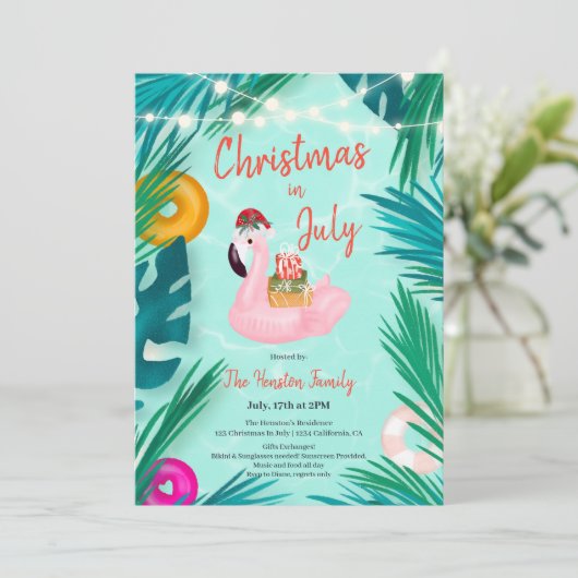 Tropisch zwembad feest floater kerst in juli kaart (Staand voorkant)