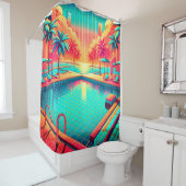 "Tropisch zwembad met stadsgezicht - levendige ret Douchegordijn (In situ)