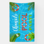 Tropisch zwembad Party | Zomer verjaardag Spandoek (Verticaal)