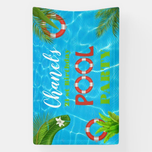 Tropisch zwembad Party | Zomer verjaardag Spandoek (Verticaal)