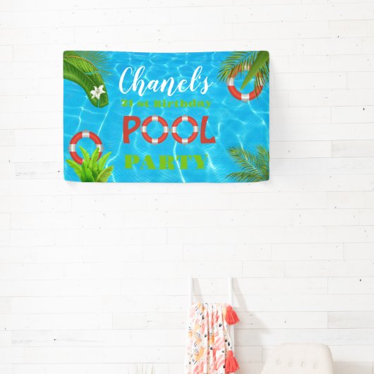 Tropisch zwembad Party | Zomer verjaardag Spandoek (Insitu)