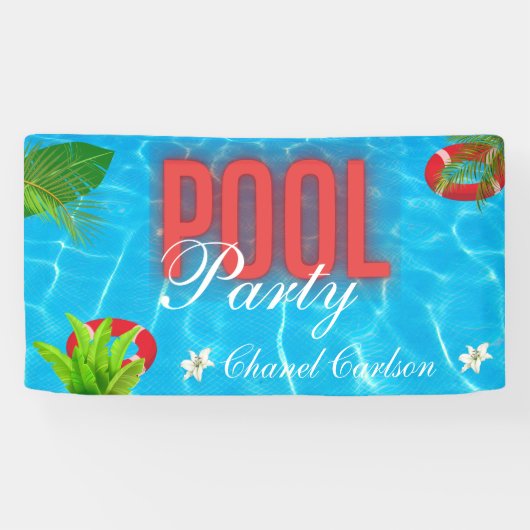 Tropisch zwembad Party | Zomer verjaardag Spandoek (Horizontaal)