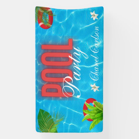 Tropisch zwembad Party | Zomer verjaardag Spandoek (Verticaal)
