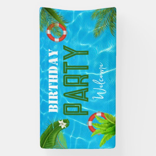 Tropisch zwembad Party | Zomer verjaardag Spandoek (Verticaal)