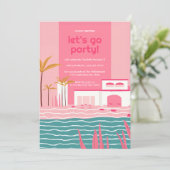 Tropisch zwembadfeest Retro roze verjaardag Kaart (Staand voorkant)