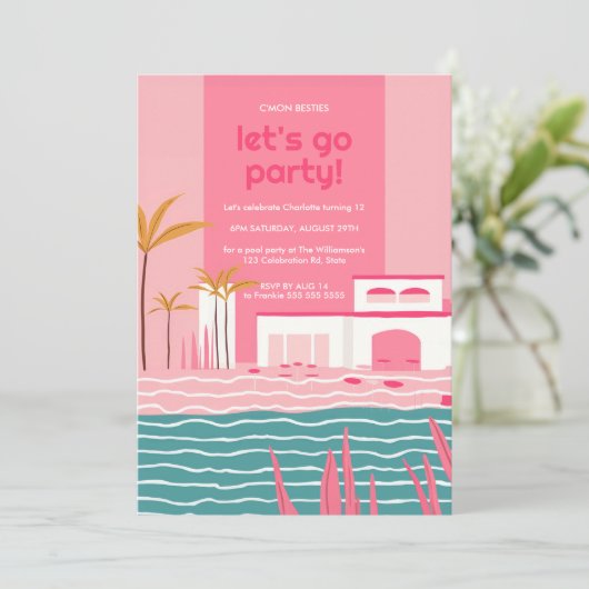Tropisch zwembadfeest Retro roze verjaardag Kaart (Staand voorkant)