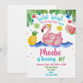 Tropisch zwembadfeest Roze Flamingo Uitnodiging (Voorkant / Achterkant)