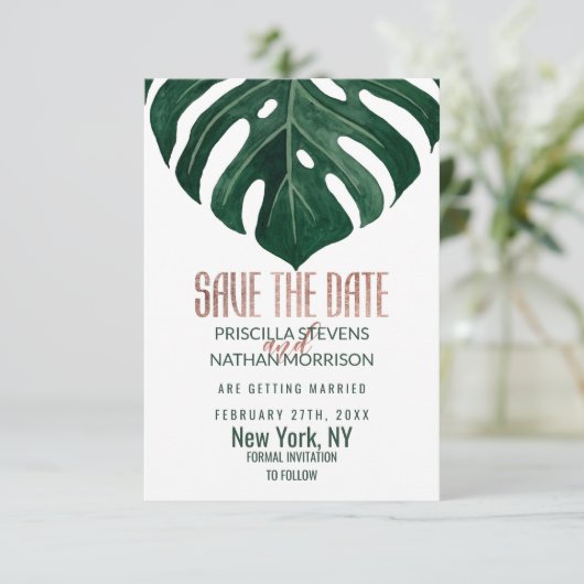 Tropisch Zwitsers Roos gouden bruiloft met leder Save The Date (Staand voorkant)