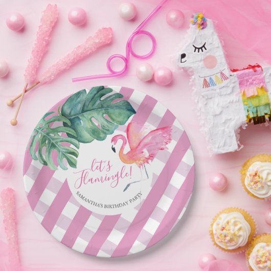 Tropische Achtertuin Verjaardag Roze Flamingo Papieren Bordje (Feest)