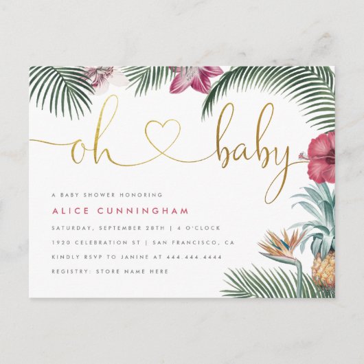 Tropische afbraak Oh Baby Gold Script Baby shower Uitnodiging Briefkaart (Voorkant)