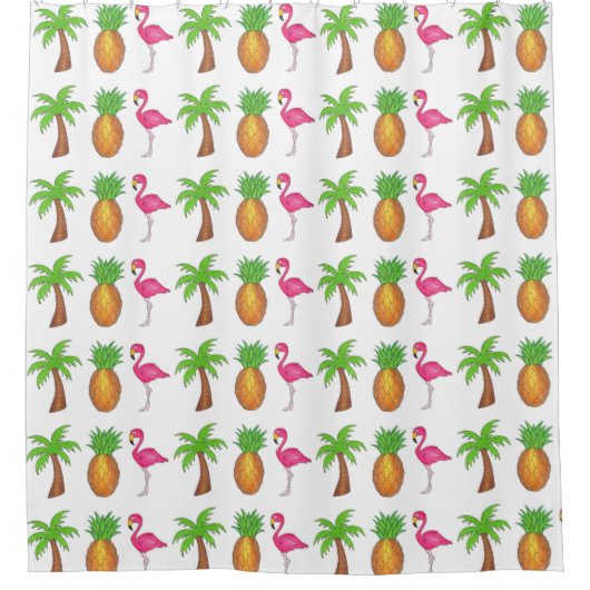 Tropische afdrukpalm Pineappel Roze flamingo Douchegordijn (Voorkant)