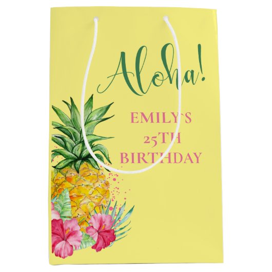 Tropische Aloha-ananas Hawaii Birthday Medium Cadeauzakje (Voorkant)