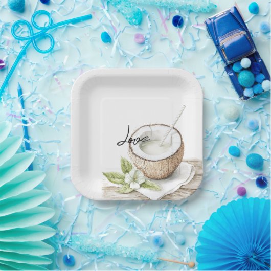 Tropische Aloha Beach Kokosnoot Bloemen Huwelijk Papieren Bordje (Feest)