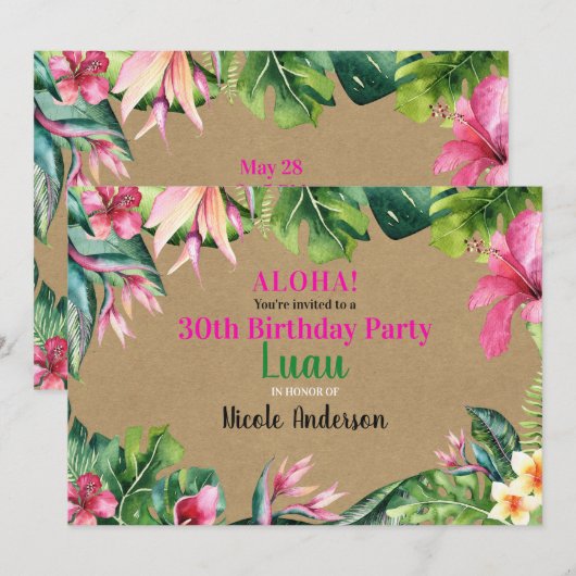 Tropische Aloha Bloemen Luau Kraft Verjaardagsfees Kaart (Voorkant / Achterkant)