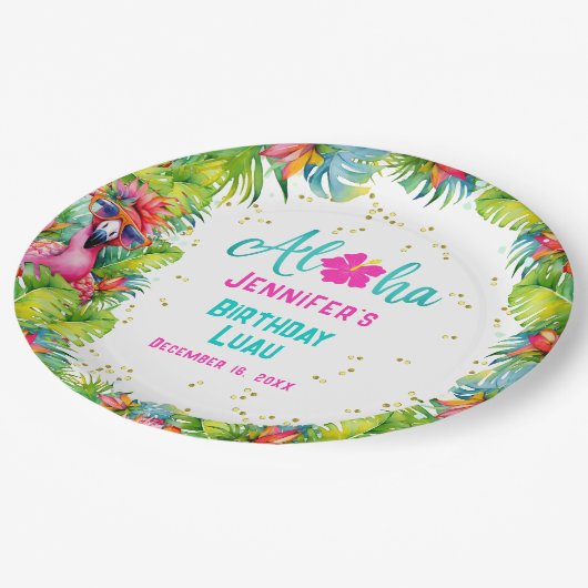 Tropische Aloha Flamingo Verjaardag Luau Papieren Bordje (Gekanteld)