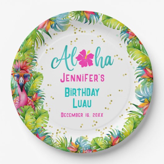 Tropische Aloha Flamingo Verjaardag Luau Papieren Bordje (Voorkant)