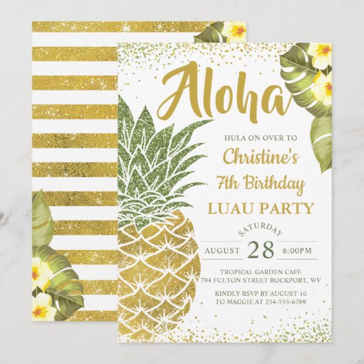 Tropische Aloha Groen Gouden Ananas Verjaardag Kaart (Voorkant / Achterkant)