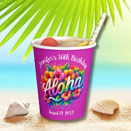 Tropische Aloha Hawaiian Verjaardag Luau Paarse Papieren Bekers