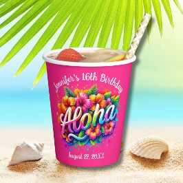 Tropische Aloha Hawaiian Verjaardag Luau Pink Papieren Bekers